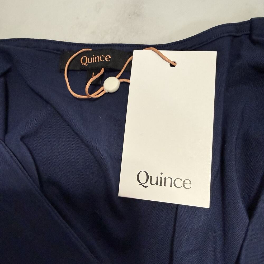 Quince V-neck Long Sleeve Midi Dress Size L Navy Soft Tensel Knit Pockets NEW - Picture 7 of 10